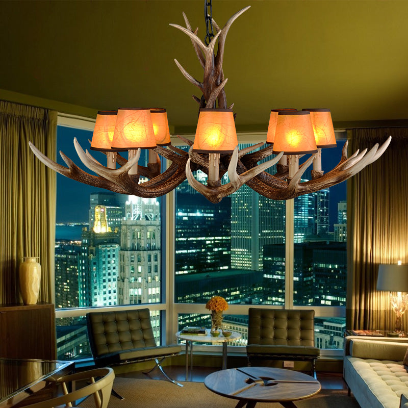 Cone Resin Ceiling Lamp Traditional 6/8/10-Head Living Room Chandelier Pendant Light with Adjustable Chain in Brown