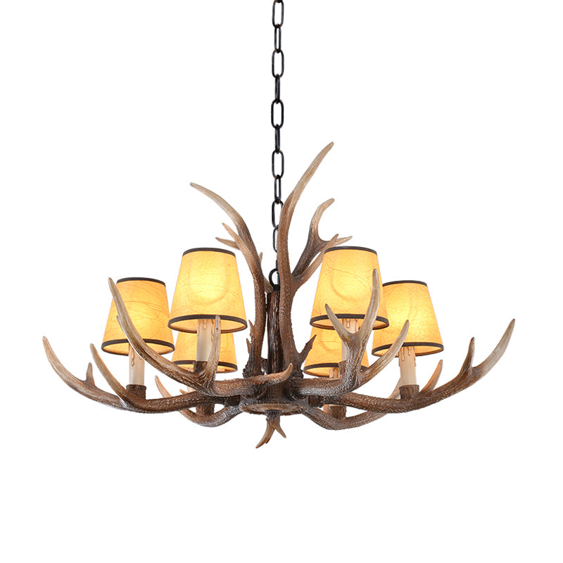 Resin Conical Chandelier Lamp Rustic 6/8/10-Head Bedroom Pendant Ceiling Light with Antler in Brown