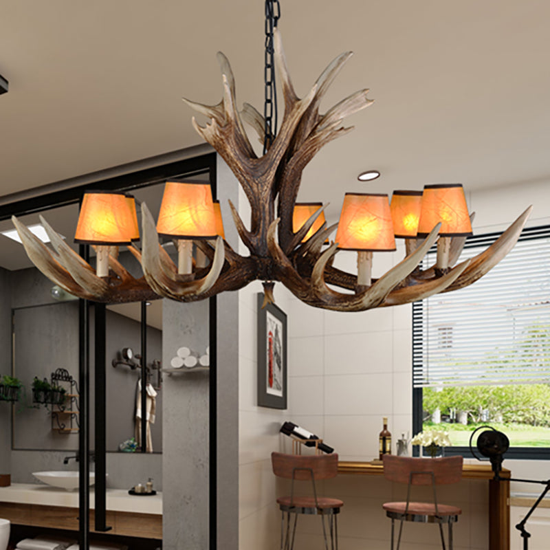 Resin Conical Chandelier Lamp Rustic 6/8/10-Head Bedroom Pendant Ceiling Light with Antler in Brown