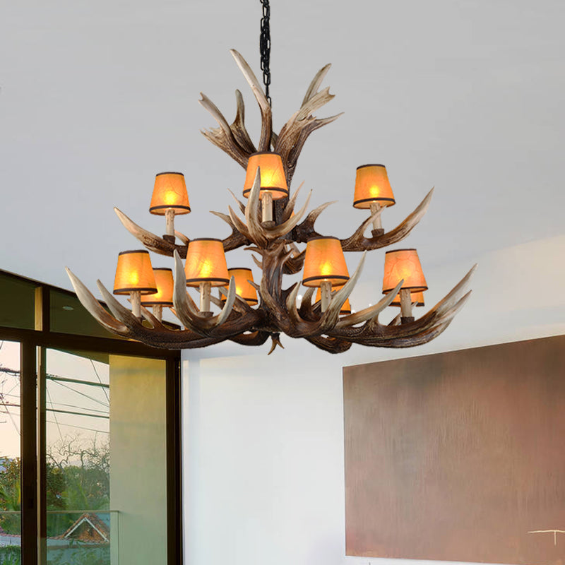 Resin Conical Chandelier Lamp Rustic 6/8/10-Head Bedroom Pendant Ceiling Light with Antler in Brown
