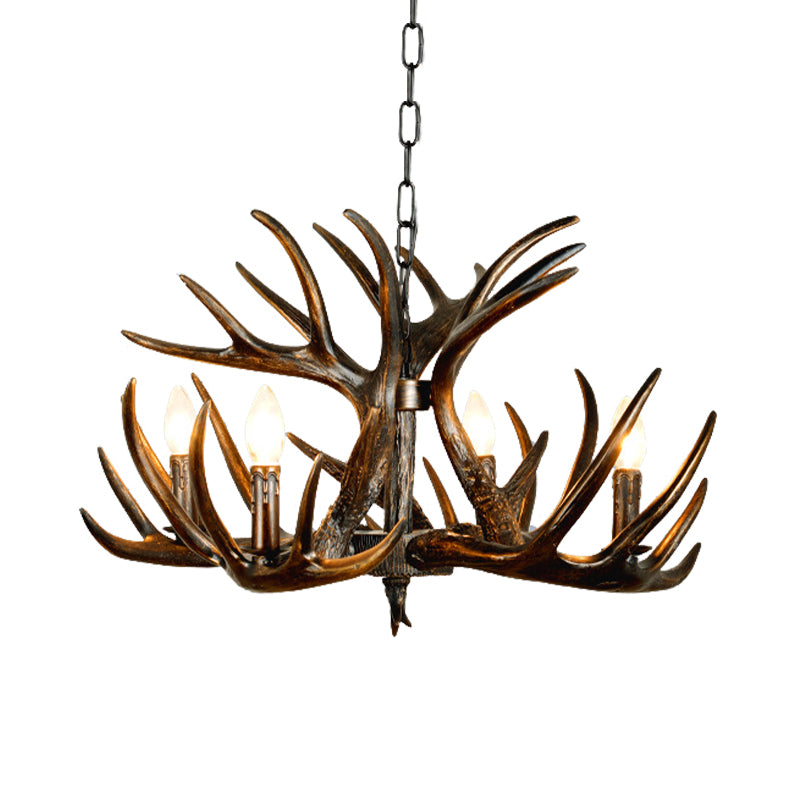 Traditional Candle Hanging Lamp 4/6/9 Bulbs Resin Chandelier Light Fixture with Deer Antler in Brown