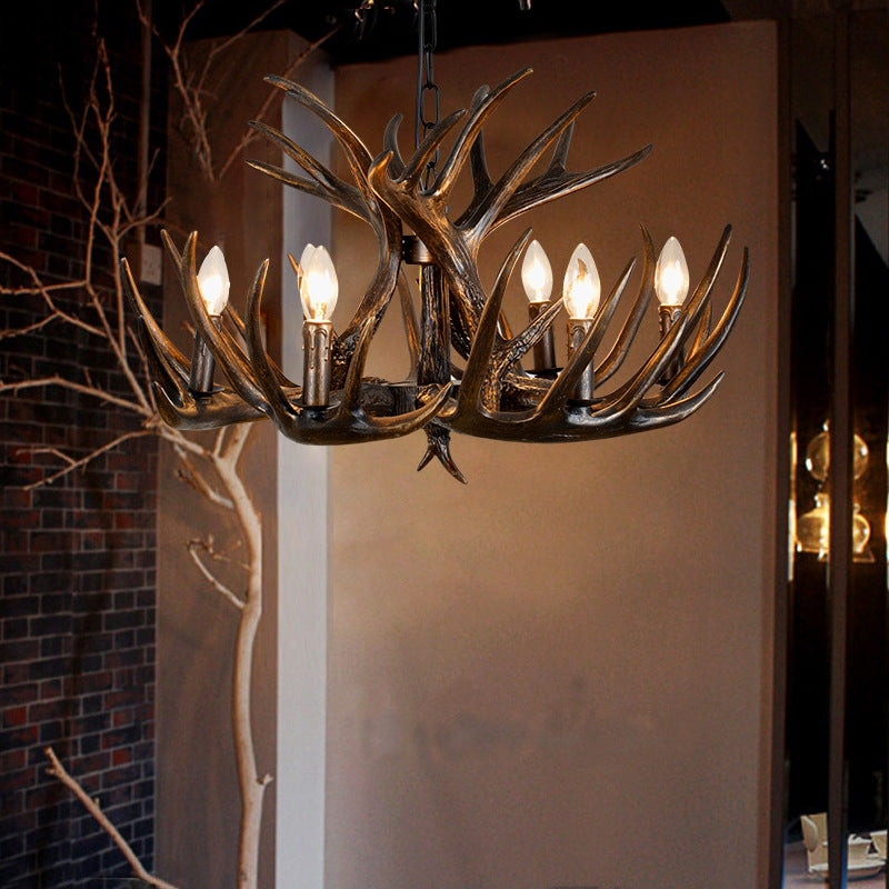 Traditional Candle Hanging Lamp 4/6/9 Bulbs Resin Chandelier Light Fixture with Deer Antler in Brown