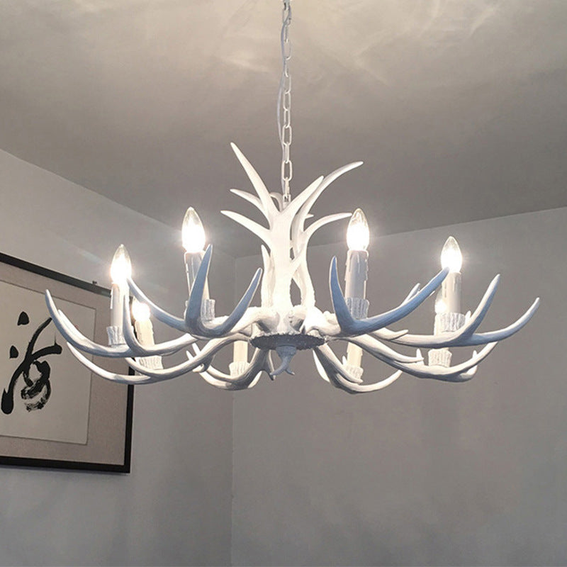 White Candle Shape Pendant Chandelier Rustic Resin 4/6/8-Head Bedroom Hanging Ceiling Light