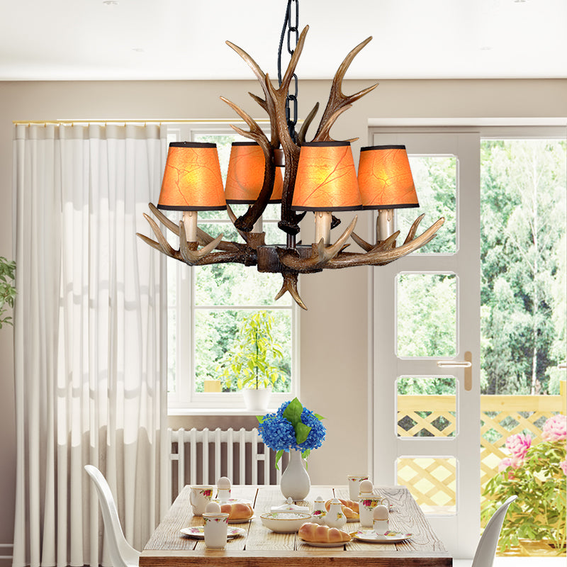 4/6/8 Lights Resin Chandelier Lamp Loft Brown Cone Dining Room Down Lighting Pendant with Fabric Shade