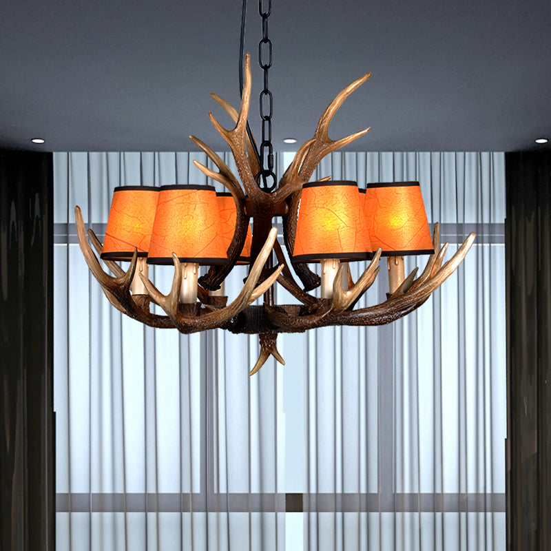 4/6/8 Lights Resin Chandelier Lamp Loft Brown Cone Dining Room Down Lighting Pendant with Fabric Shade