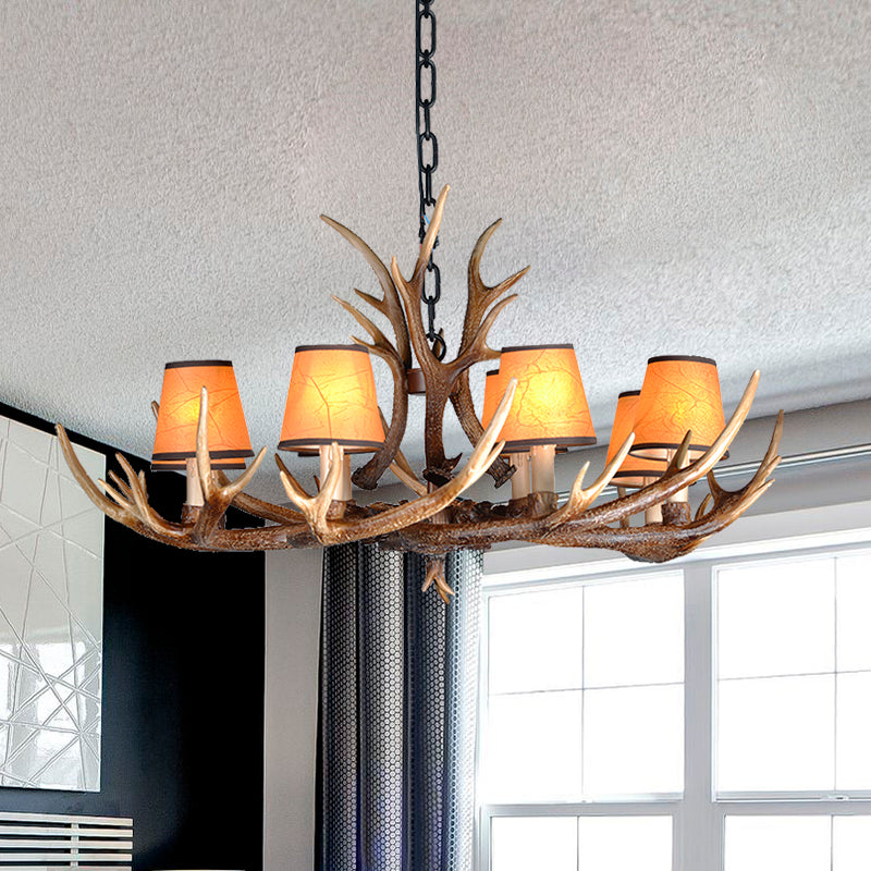 4/6/8 Lights Resin Chandelier Lamp Loft Brown Cone Dining Room Down Lighting Pendant with Fabric Shade