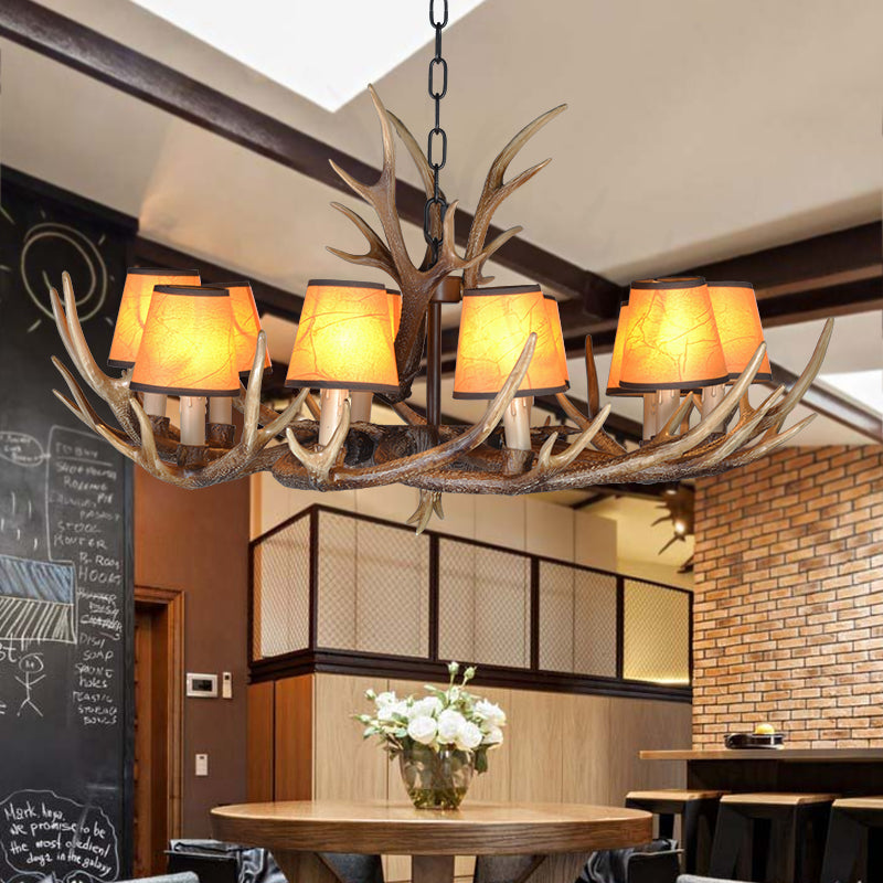 4/6/8 Lights Resin Chandelier Lamp Loft Brown Cone Dining Room Down Lighting Pendant with Fabric Shade