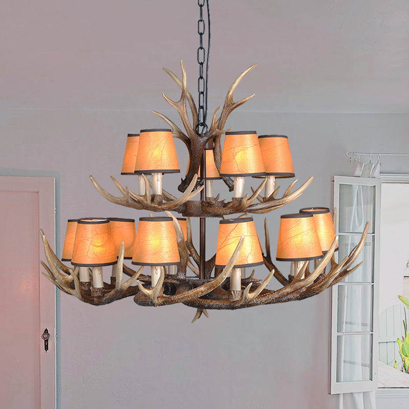 4/6/8 Lights Resin Chandelier Lamp Loft Brown Cone Dining Room Down Lighting Pendant with Fabric Shade