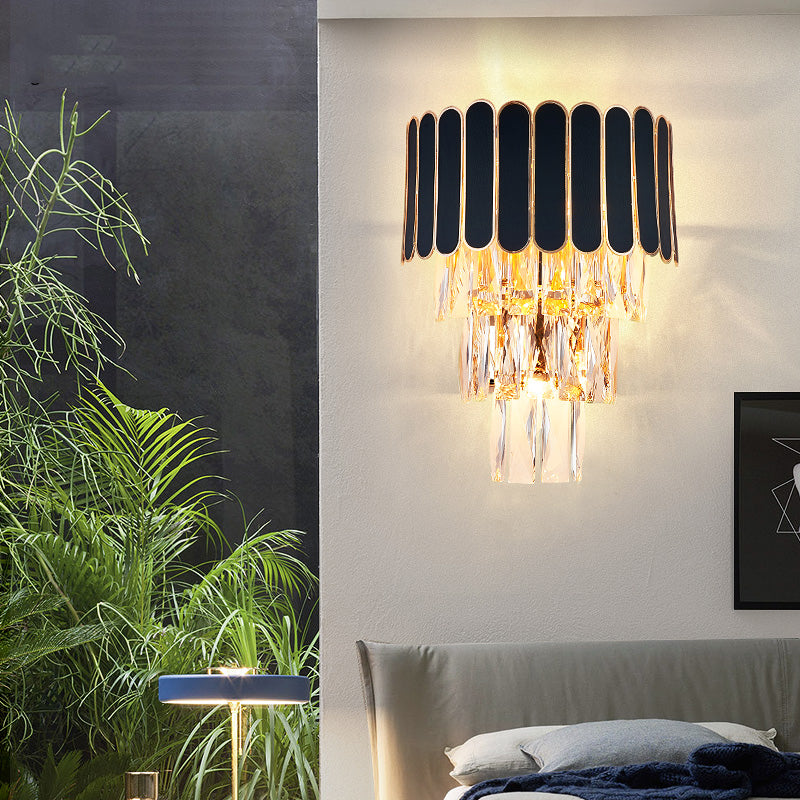 Tapered Flush Wall Sconce Minimalist Crystal 3 Bulbs Black Wall Lamp for Bedroom