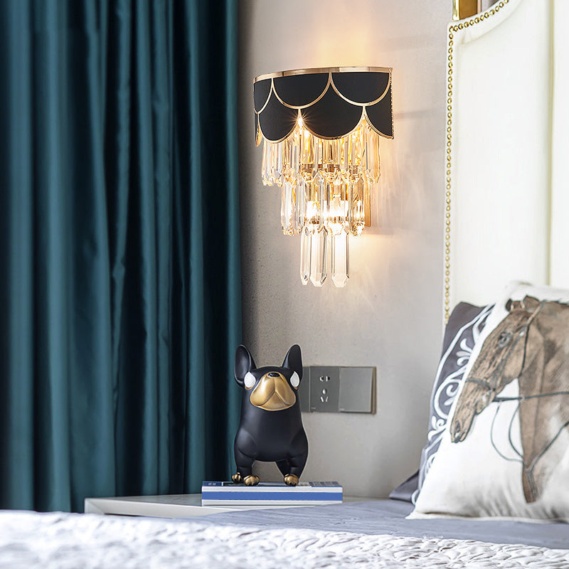 Tapered Flush Wall Sconce Minimalist Crystal 3 Bulbs Black Wall Lamp for Bedroom