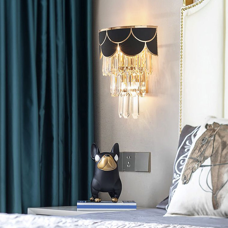Tapered Flush Wall Sconce Minimalist Crystal 3 Bulbs Black Wall Lamp for Bedroom