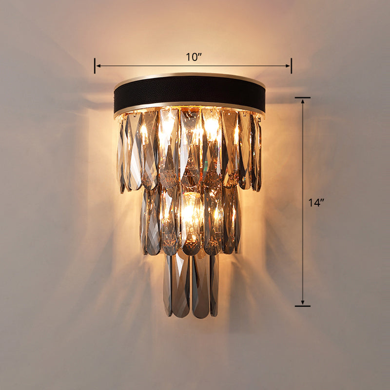 Minimalist 3-Bulb Flush Wall Sconce Black 3-Tier Wall Lighting with Crystal Shade
