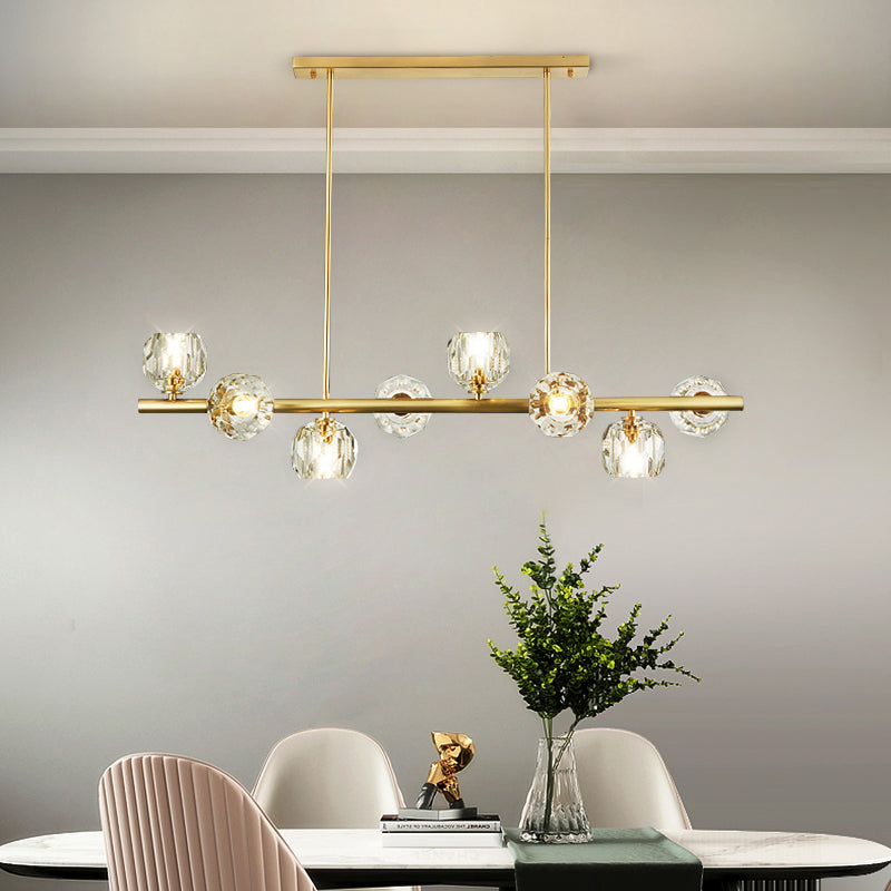 8 Bulbs Restaurant over Island Lighting Simplicity Gold Pendant Light with Dome Crystal Shade