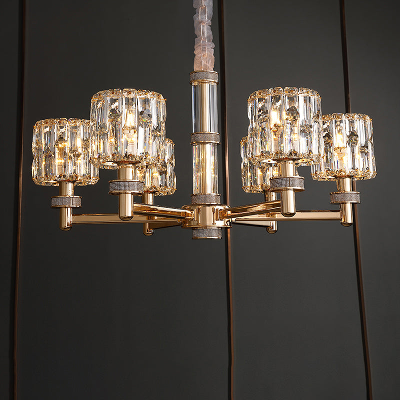 Crystal Cylinder Hanging Light Fixture Minimalistic Gold Ceiling Chandelier for Dining Room