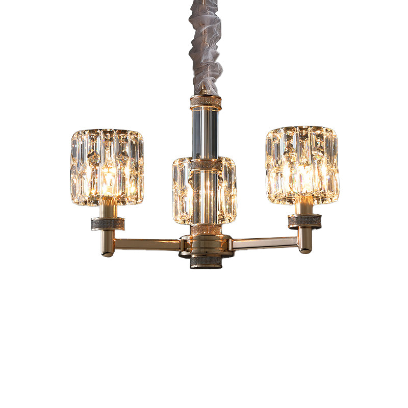 Crystal Cylinder Hanging Light Fixture Minimalistic Gold Ceiling Chandelier for Dining Room