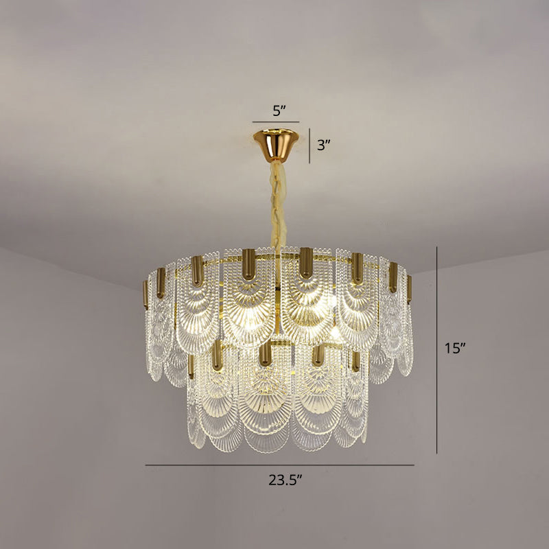 Round Pendant Ceiling Lamp Modern Clear Textured Glass Chandelier with Scalloped Edge