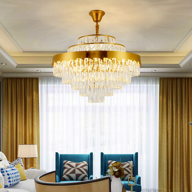 Crystal Rectangle Layers Chandelier Postmodern Golden Suspension Light for Living Room