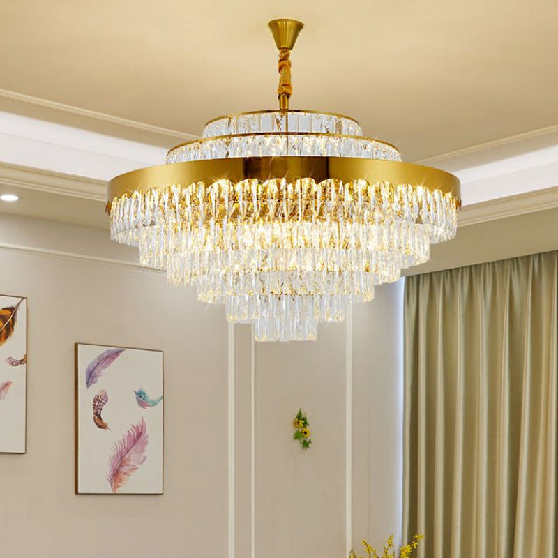 Crystal Rectangle Layers Chandelier Postmodern Golden Suspension Light for Living Room