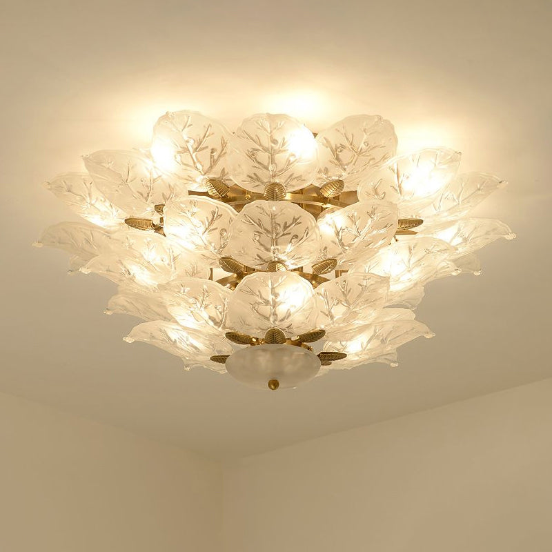 Leafy Semi Flush Mount Lamp Contemporary Frost Glass 10-Light Living Room Ceiling Fixture in Gold