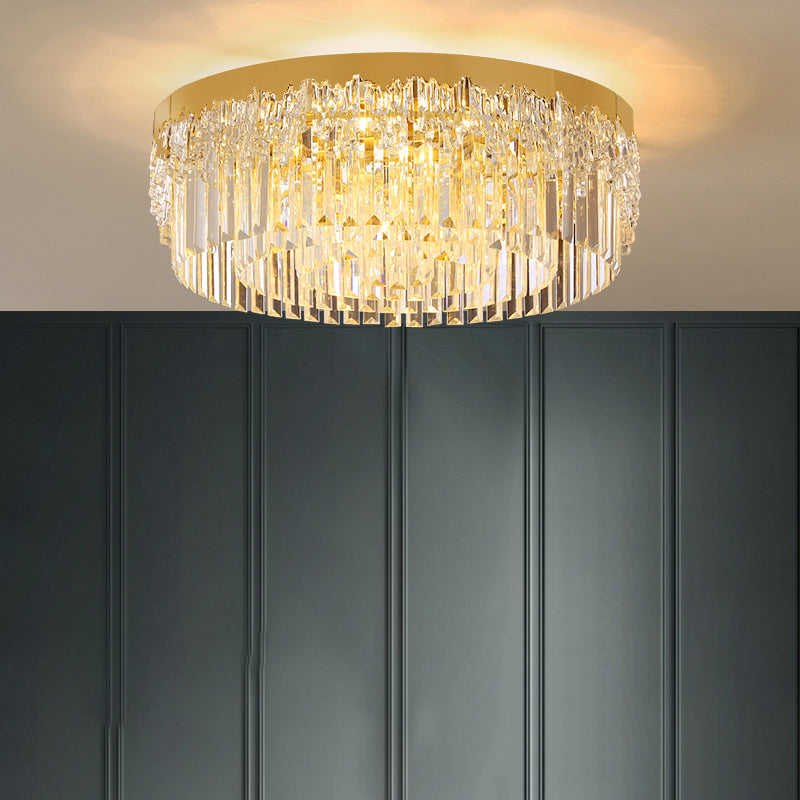 Drum Shaped Flush Mount Light Modern Tri-Sided Crystal Bar Gold Ceiling Light Fixture