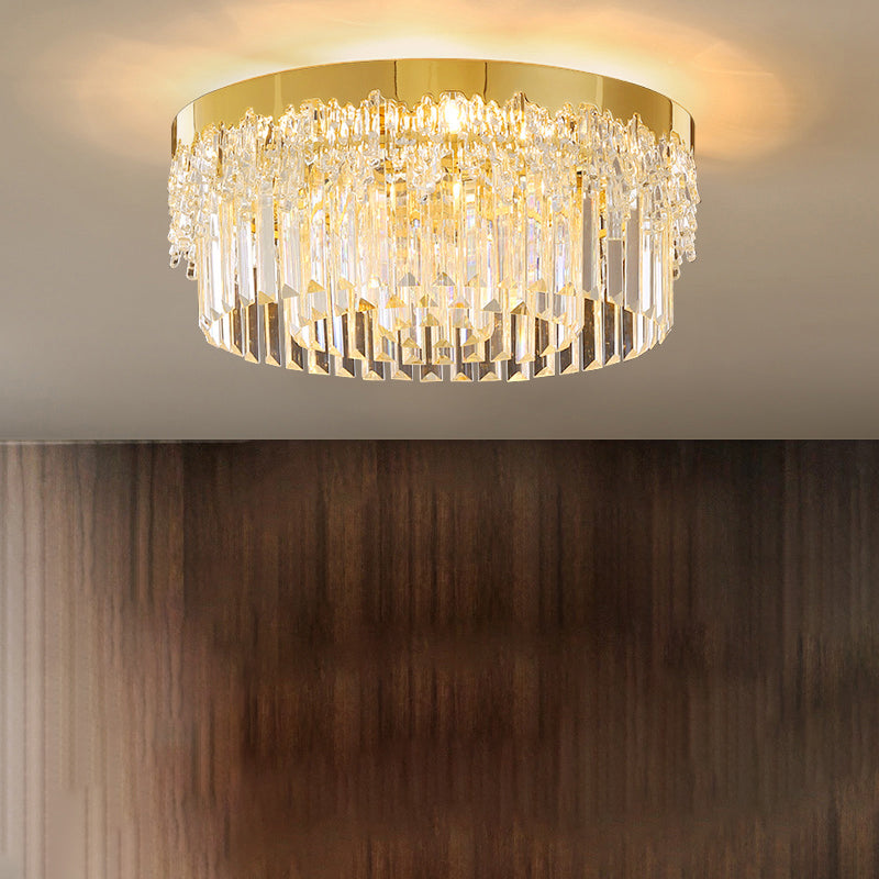 Drum Shaped Flush Mount Light Modern Tri-Sided Crystal Bar Gold Ceiling Light Fixture