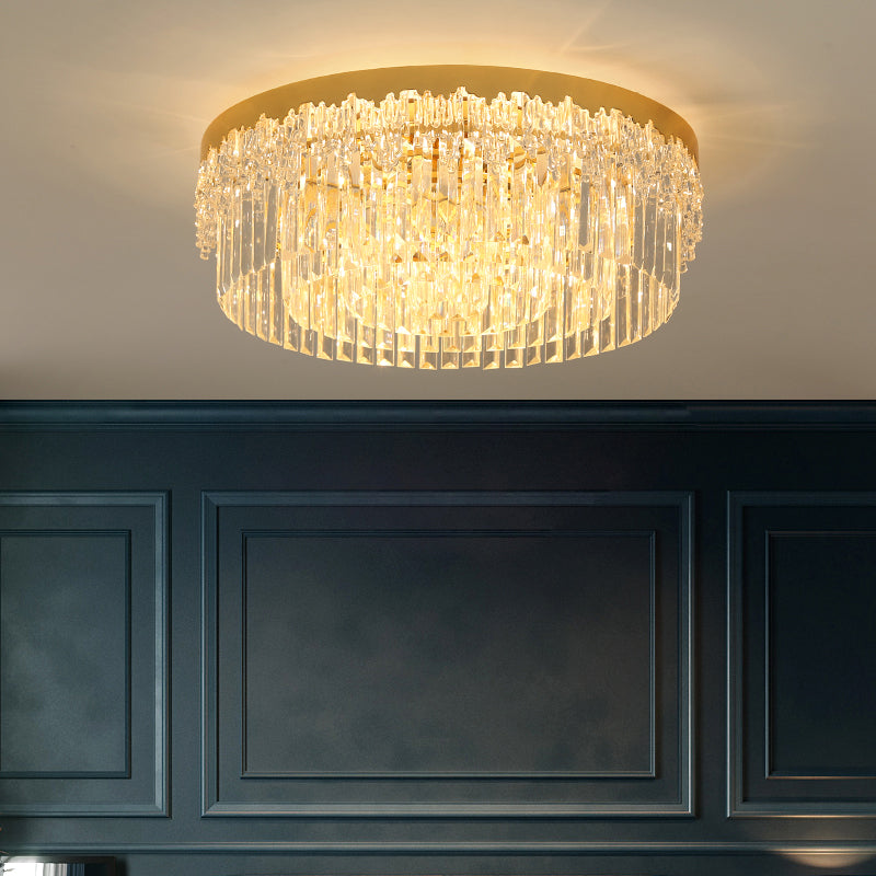Drum Shaped Flush Mount Light Modern Tri-Sided Crystal Bar Gold Ceiling Light Fixture
