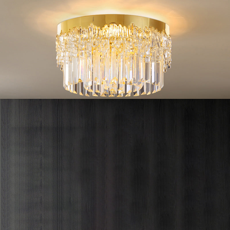 Drum Shaped Flush Mount Light Modern Tri-Sided Crystal Bar Gold Ceiling Light Fixture