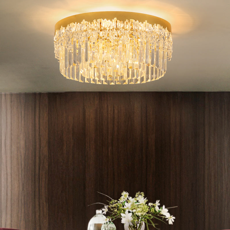 Drum Shaped Flush Mount Light Modern Tri-Sided Crystal Bar Gold Ceiling Light Fixture