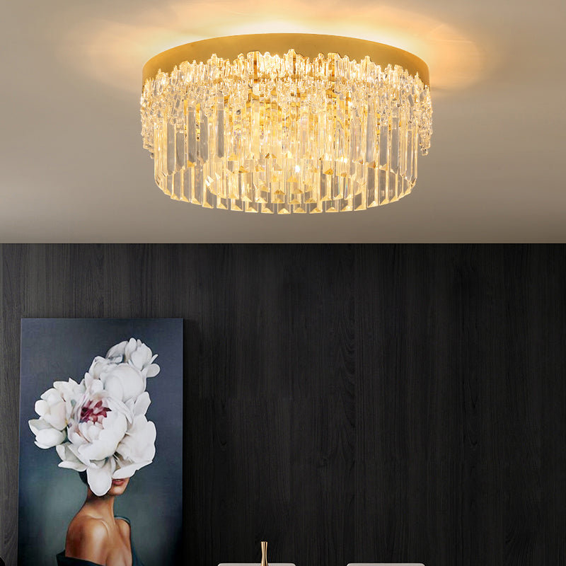 Drum Shaped Flush Mount Light Modern Tri-Sided Crystal Bar Gold Ceiling Light Fixture