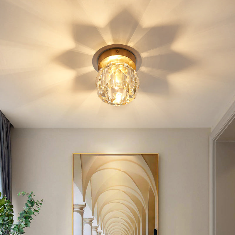 Mini Ball Semi Flush Ceiling Light Simple Faceted-Cut Crystal 1-Bulb Corridor Flush Light in Gold