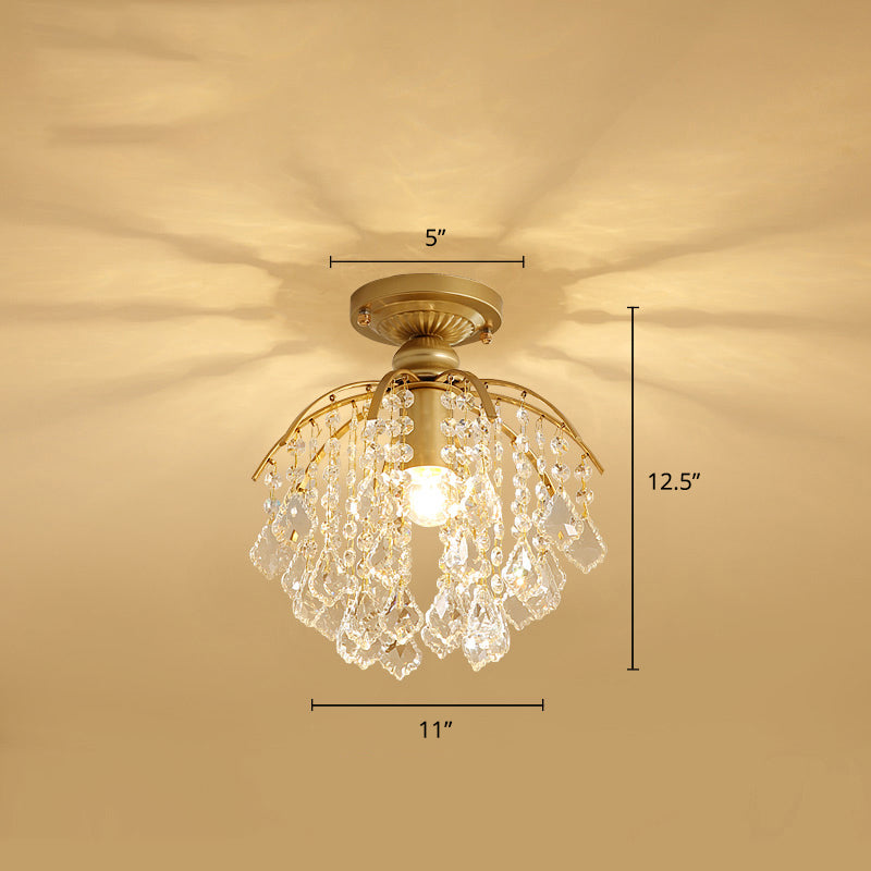 Gold Branching Ceiling Lighting Modern 1 Head Crystal Strand Semi Flush Mount Lamp for Aisle