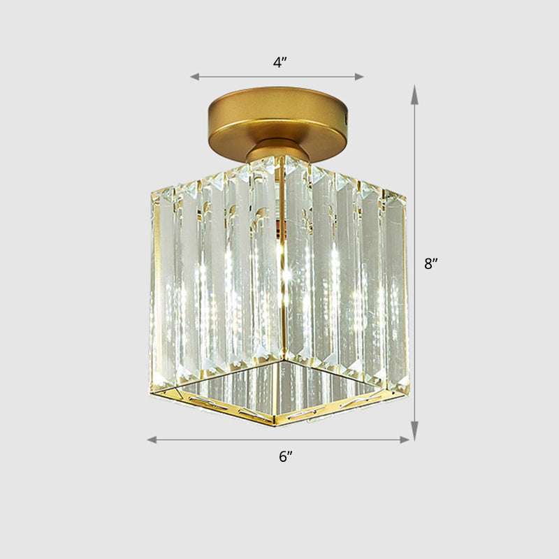 Lámpara de techo geométrica de cristal prismático transparente minimalista 1 bombilla acabado en latón luz semi empotrada para pasillo