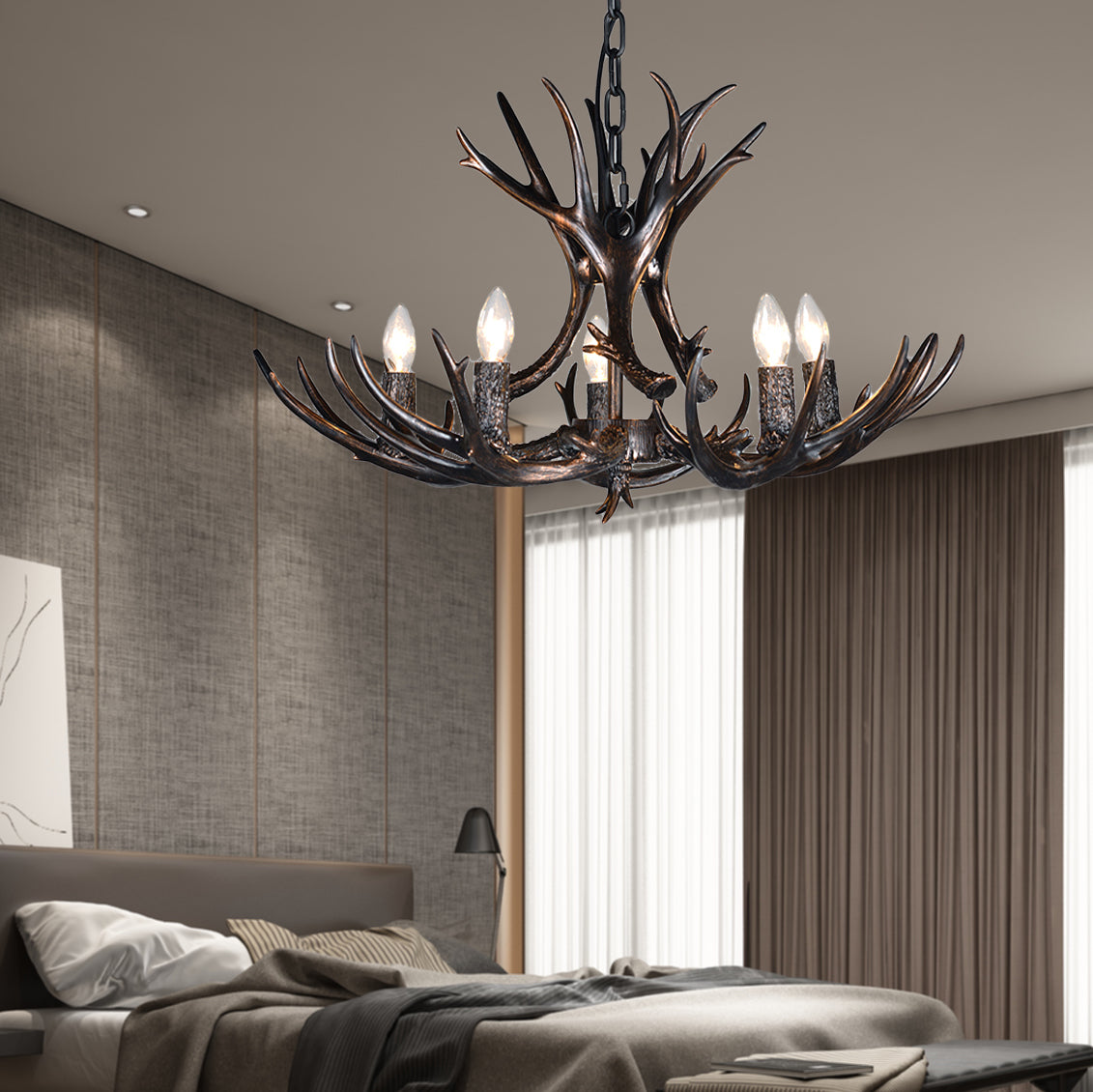 3/5/6 Heads Resin Chandelier Vintage Style Black Candelabra Living Room Pendant Light with Adjustable Chain
