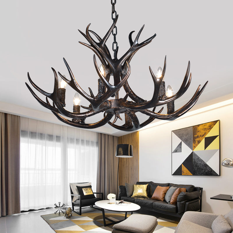 3/5/6 Heads Resin Chandelier Vintage Style Black Candelabra Living Room Pendant Light with Adjustable Chain