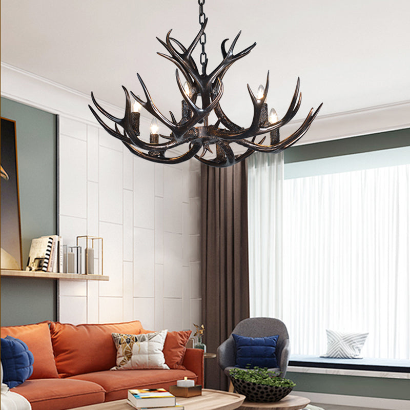 3/5/6 Heads Resin Chandelier Vintage Style Black Candelabra Living Room Pendant Light with Adjustable Chain