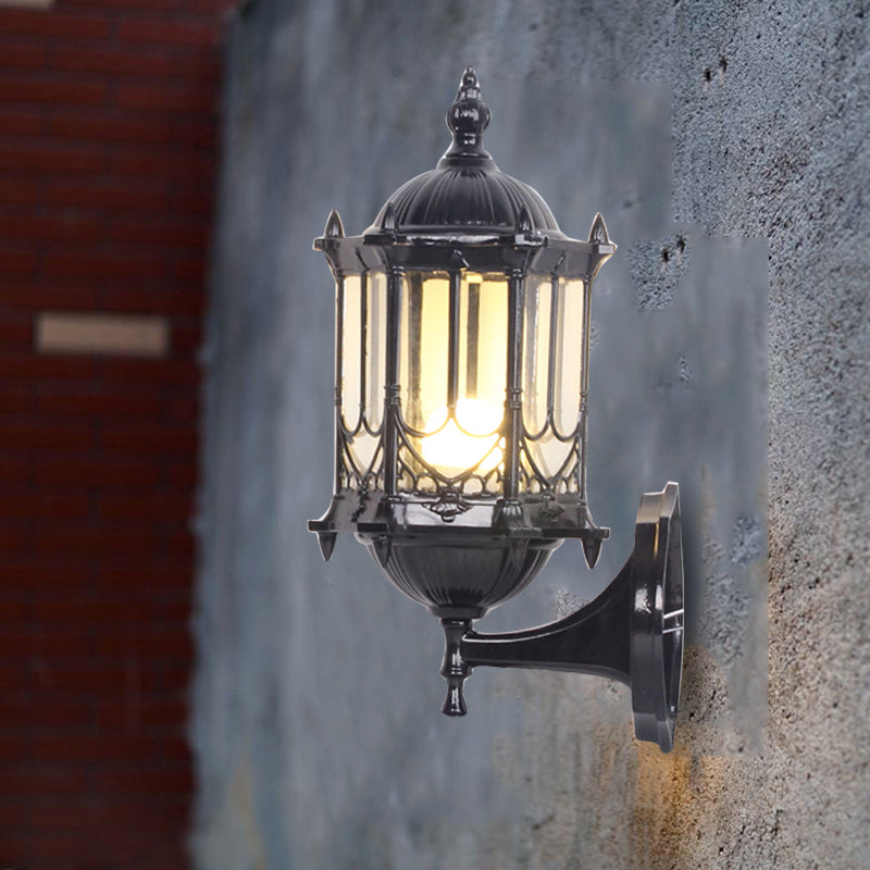 Clear Glass Cylinder Lantern Sconce Retro 1 Bulb Patio Wall Mounted Light Fixture