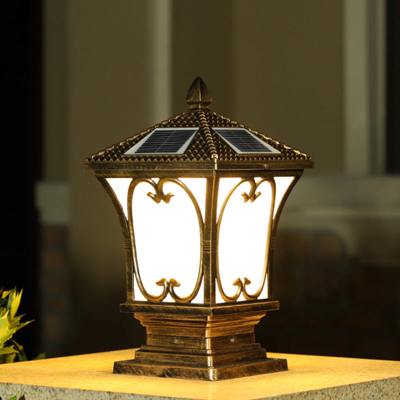 Frosted Glass LED Solar Outdoor Lamp Vintage Flared Garden Post Lighting Fixture