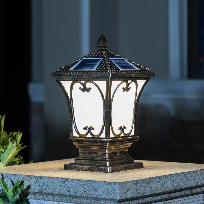 Frosted Glass LED Solar Outdoor Lamp Vintage Flared Garden Post Lighting Fixture