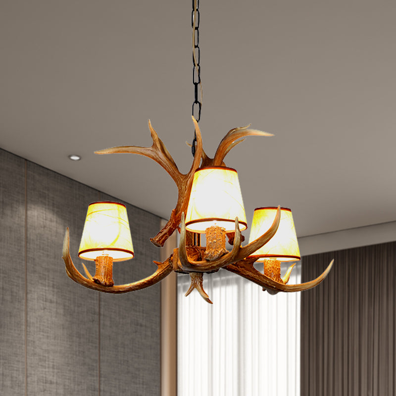 Cone Resin Pendant Lighting Traditional 3/5/6-Bulb Living Room Chandelier Light with Deer Antler in Khaki