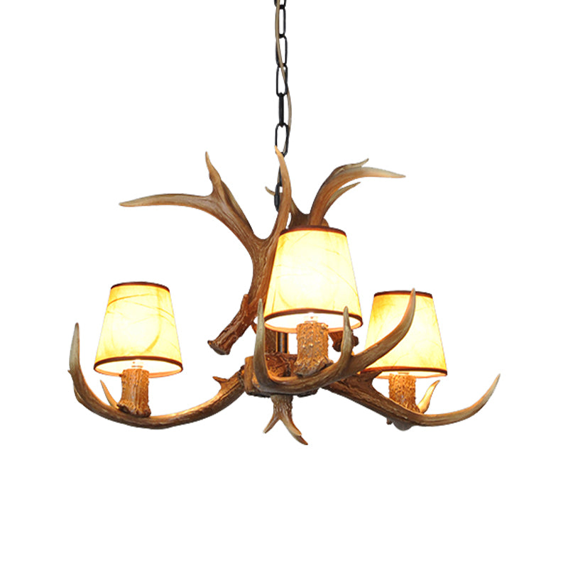 Cone Resin Pendant Lighting Traditional 3/5/6-Bulb Living Room Chandelier Light with Deer Antler in Khaki