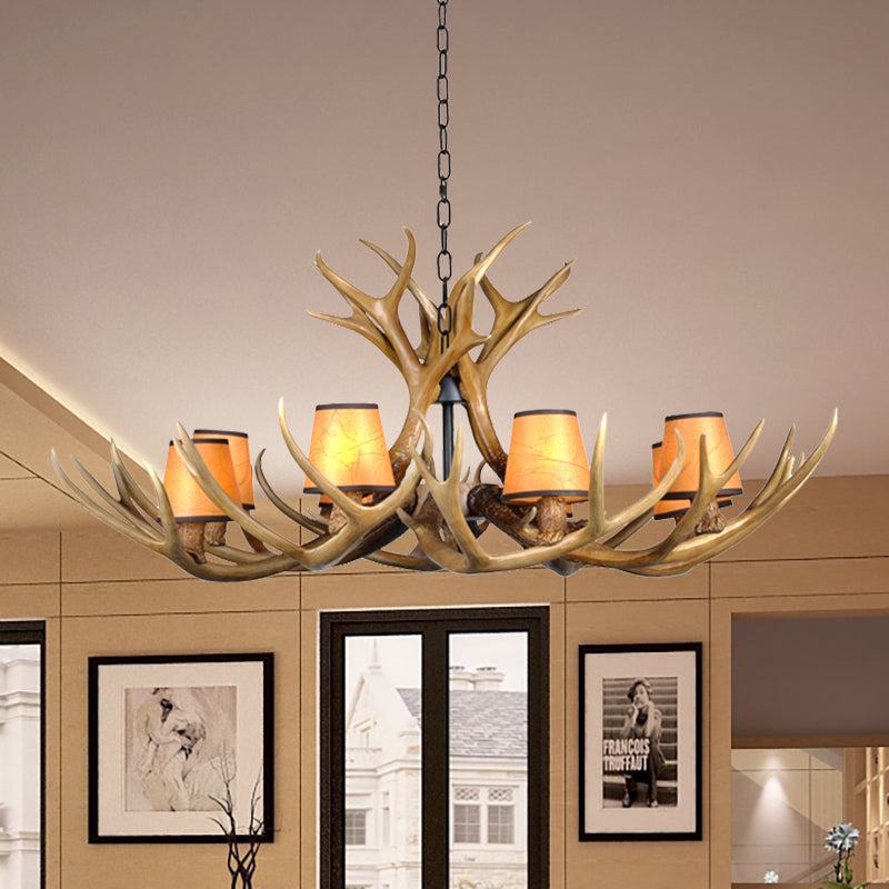 Cone Resin Pendant Lighting Traditional 3/5/6-Bulb Living Room Chandelier Light with Deer Antler in Khaki