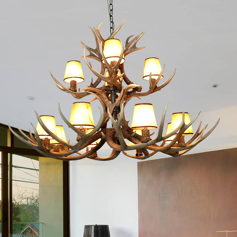 Cone Resin Pendant Lighting Traditional 3/5/6-Bulb Living Room Chandelier Light with Deer Antler in Khaki