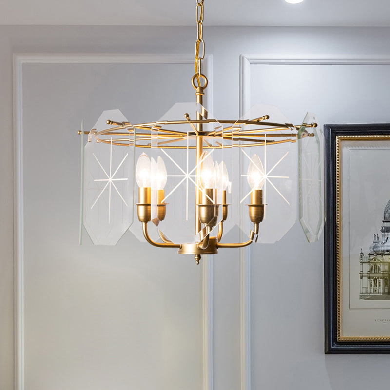 Modernism Cylinder Ceiling Chandelier Clear Glass 5 Heads Hanging Light Fixture in Brass for Restaurant