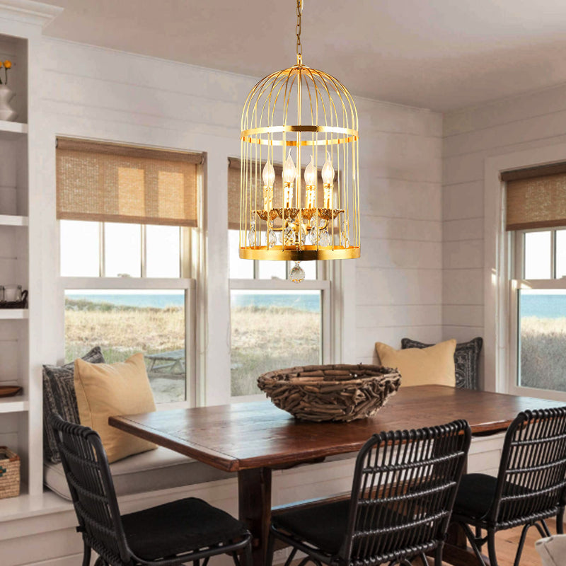 4 Bulbs Bird Cage Ceiling Chandelier Traditional Metal Suspended Lighting Fixture in Gold with Crystal Drop