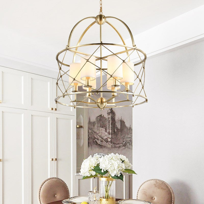 Brass Cylindrical Chandelier Lamp Nordic Metal 6 Heads Pendant Lighting Fixture with Fabric Shade