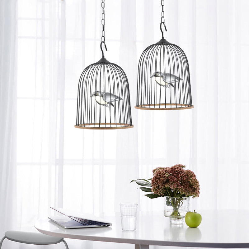 1 Bulb Cage Pendant Lamp Contemporary Metal Suspended Lighting Fixture in Black/Pink with Bird