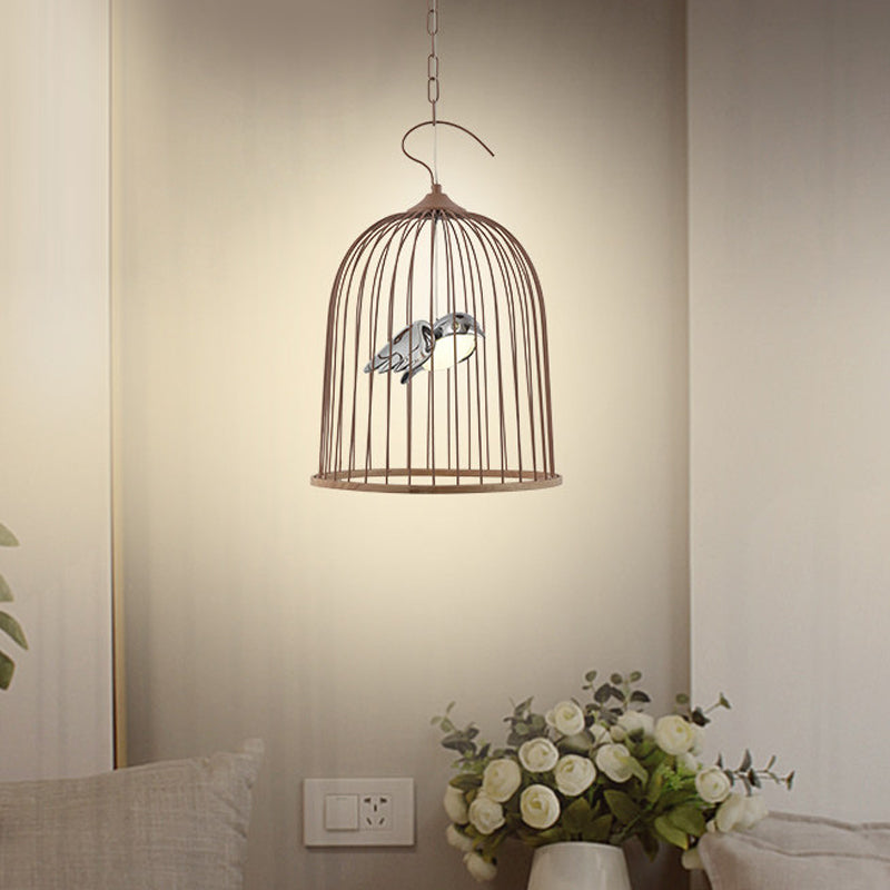 1 Bulb Cage Pendant Lamp Contemporary Metal Suspended Lighting Fixture in Black/Pink with Bird