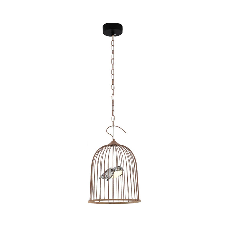 1 Bulb Cage Pendant Lamp Contemporary Metal Suspended Lighting Fixture in Black/Pink with Bird