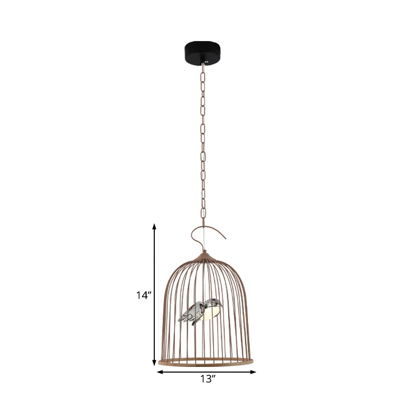 1 Bulb Cage Pendant Lamp Contemporary Metal Suspended Lighting Fixture in Black/Pink with Bird