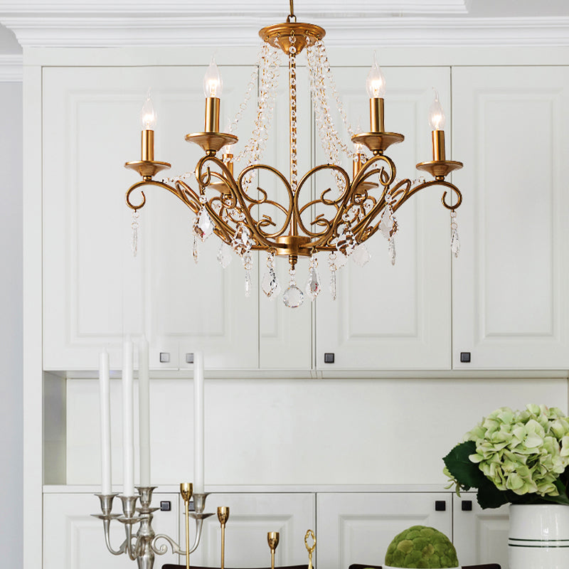 Modernism Sputnik Chandelier Metal 6 Heads Hanging Light Fixture in Gold with Crystal Drop